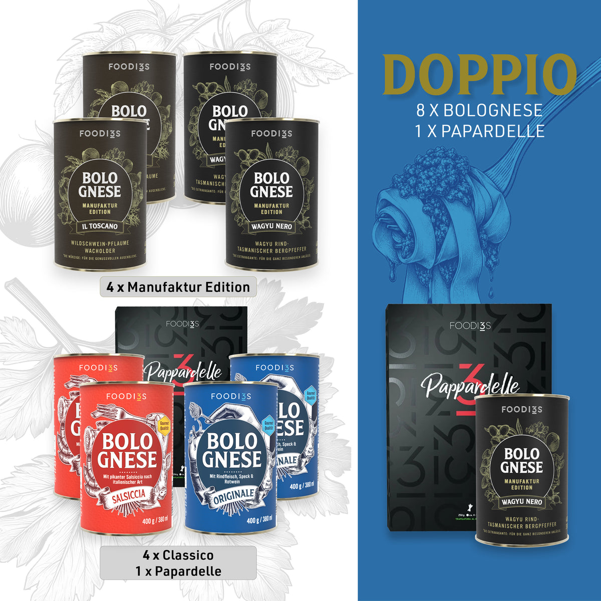 Proefpakket Doppio: acht blikken Bolognese, vier uit de Manufaktur Edition en vier Classico, plus Pappardelle