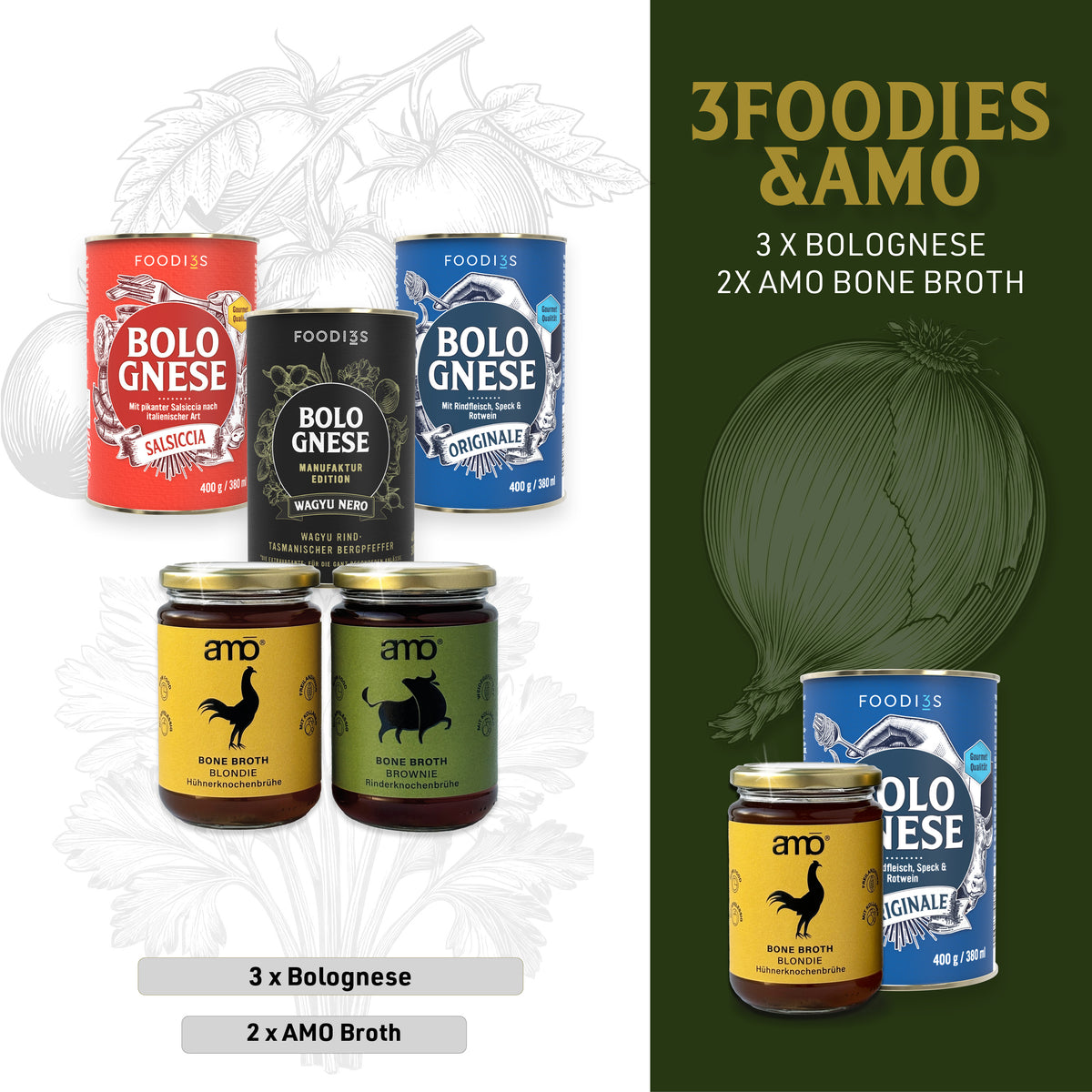 Proefpakket Foodies & Amo: drie blikken Bolognese en twee potten Amo Bone Broth