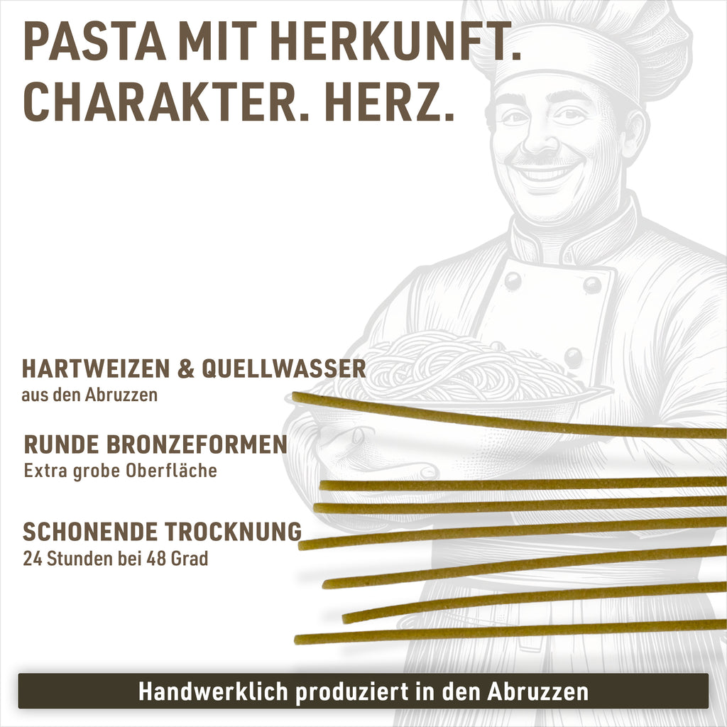 Spaghetti Integrale: Italiaanse harde tarwe, ronde bronzen matrijzen, 36 tot 48 uur langzaam gedroogd
