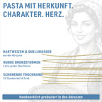 Spaghetti: italienischer Hartweizen, runde Bronzeformen, 36 bis 48 Stunden langsam getrocknet