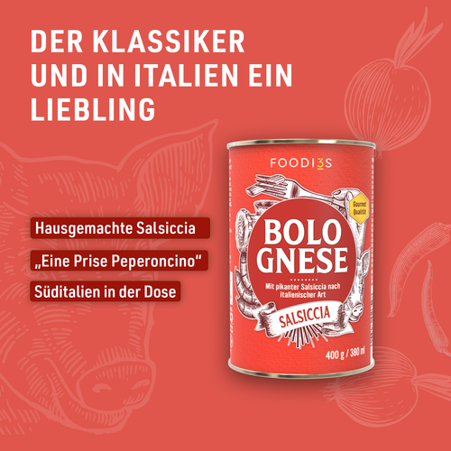 Blik Bolognese Salsiccia tegen een rode achtergrond