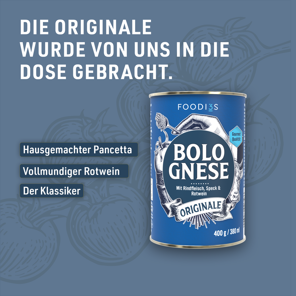 Blik Bolognese Originale tegen een blauwe achtergrond