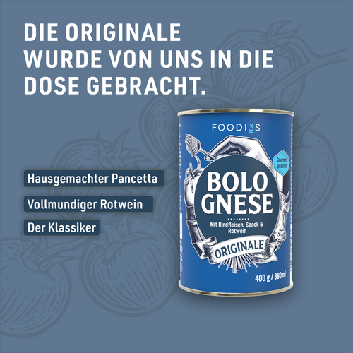Blik Bolognese Originale tegen een blauwe achtergrond