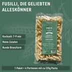 Packung Fusilli: In den Abruzzen traditionell und handwerklich hergestellt. Kochzeit 7 bis 9 Minuten