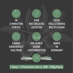 Sechs Symbole mit Kurzinfos zur Bolognese Wagyu Nero, dazu: 1 Dose reicht für 2 Portionen mit 200 bis 250 g Pasta