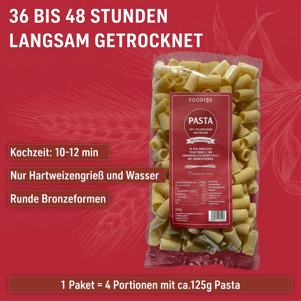 Verpakking Mezzi Rigatoni: 36 tot 48 uur langzaam gedroogd. Kooktijd 10 tot 12 minuten
