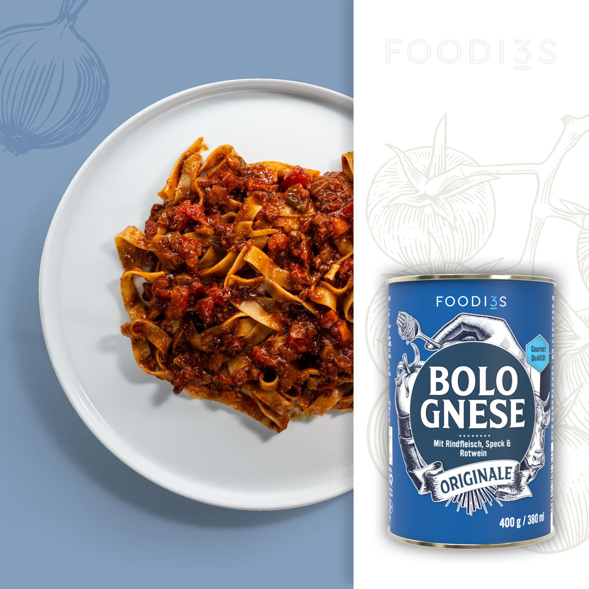 Bolognese Originale: bord met brede lintpasta en Bolognese, ernaast het blauwe blik