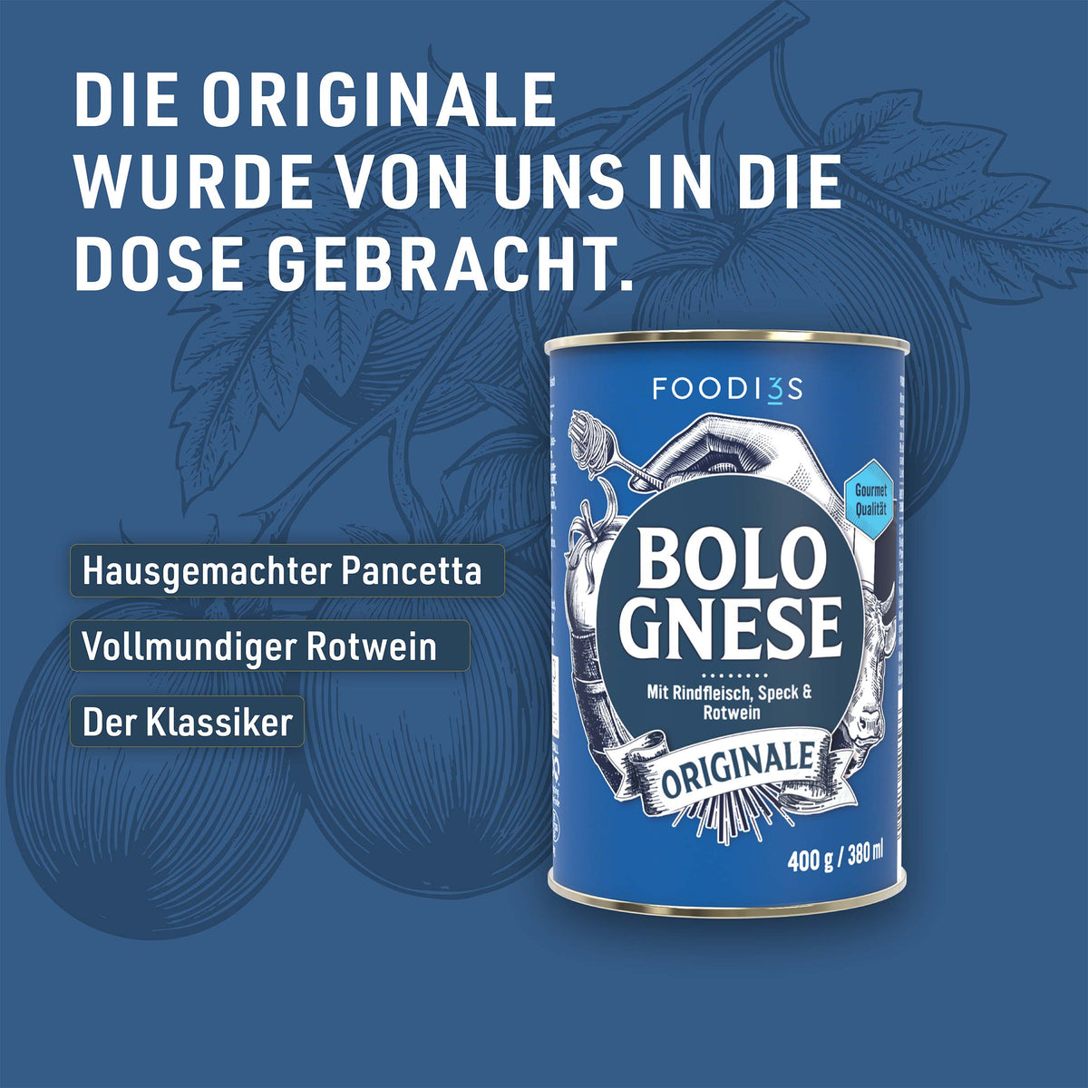 Blik Bolognese Originale tegen een blauwe achtergrond