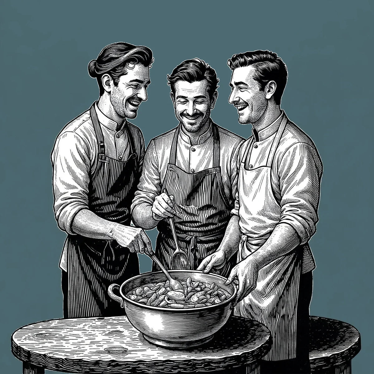 Drei Köche lachen gemeinsam am Topf, Gravur
