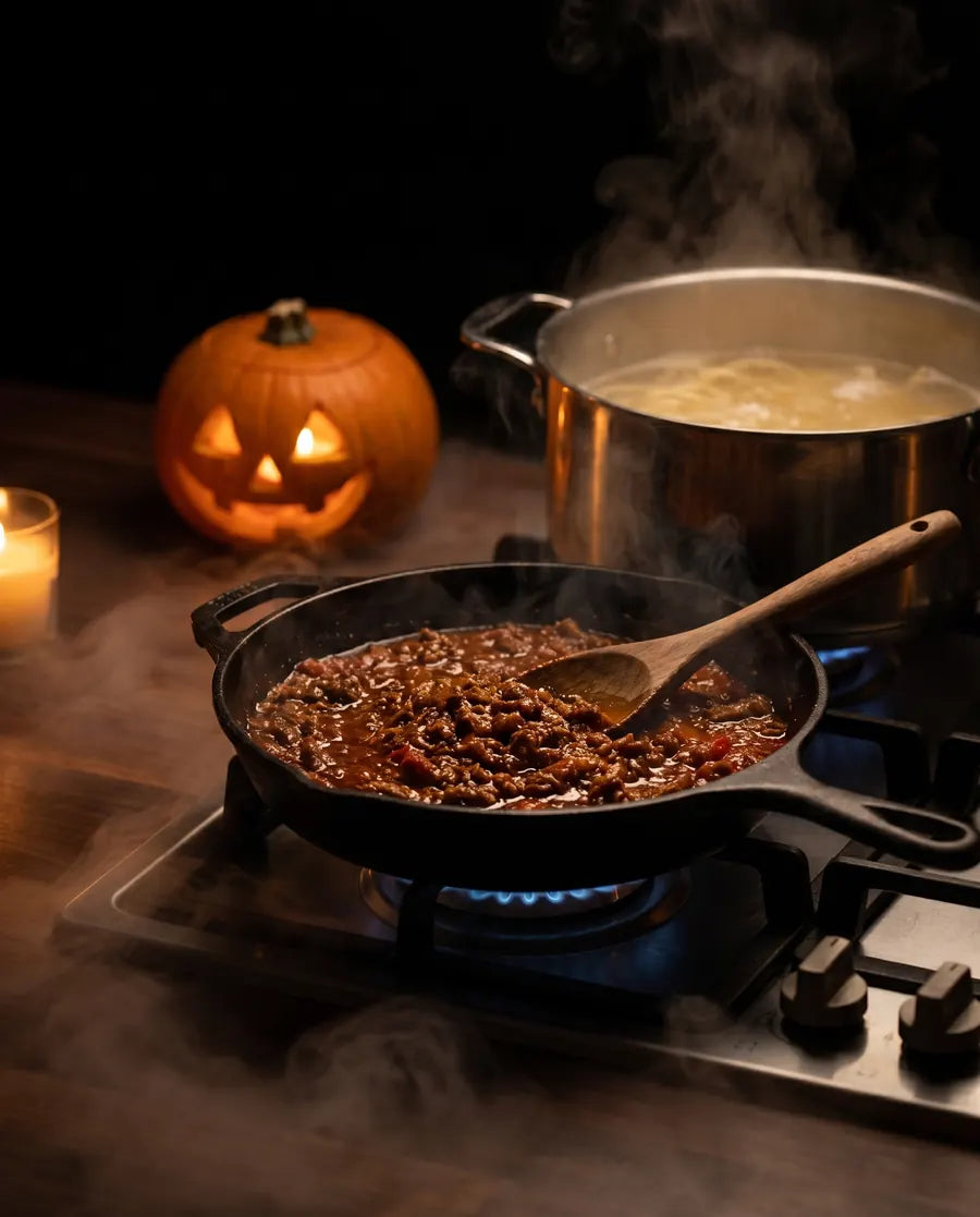 Bolognese wird in einer gusseisernen Pfanne erwärmt, dahinter kocht Pastawasser