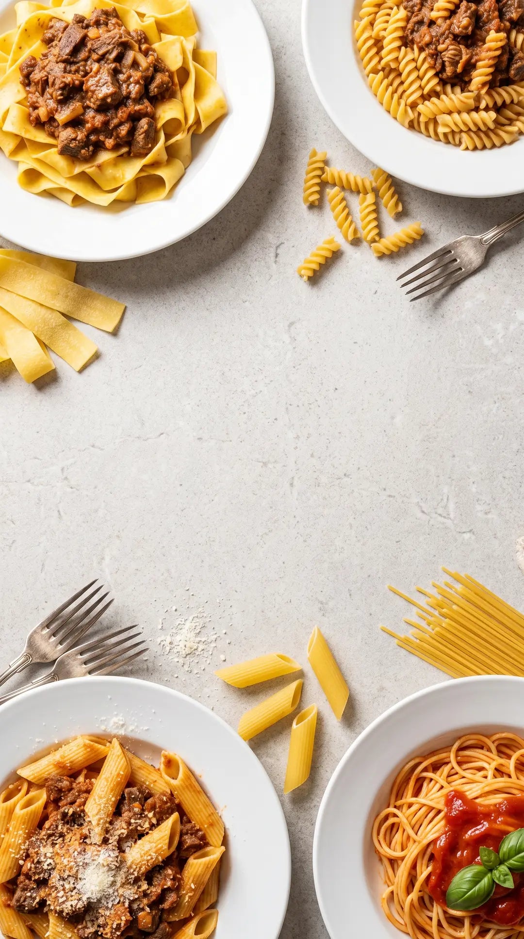 Fünf Teller mit Pappardelle, Spaghetti, Fusilli, Pennoni und Mezzi Rigatoni auf einem hellen Steintisch, von oben
